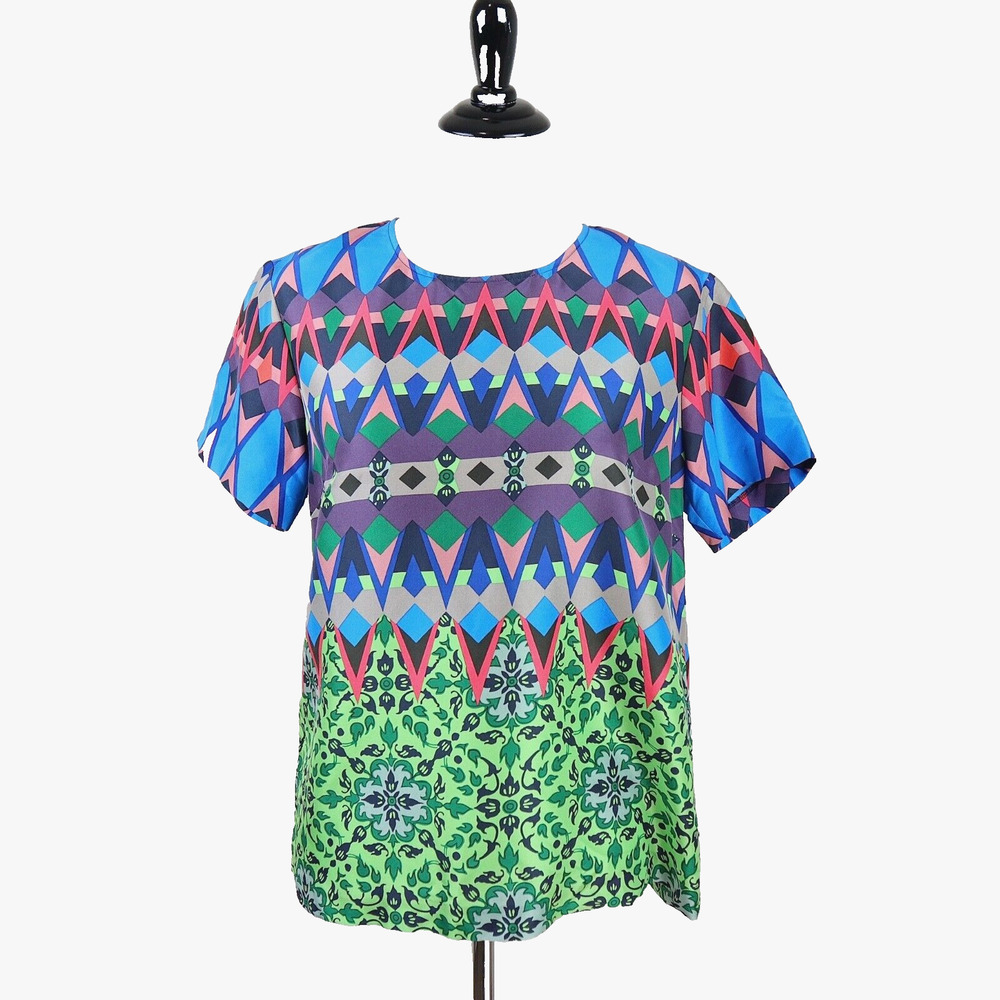 J Crew Size 2 Silk Gemstone Classic T Shirt Blouse Multicolor Print - Picture 3 of 10